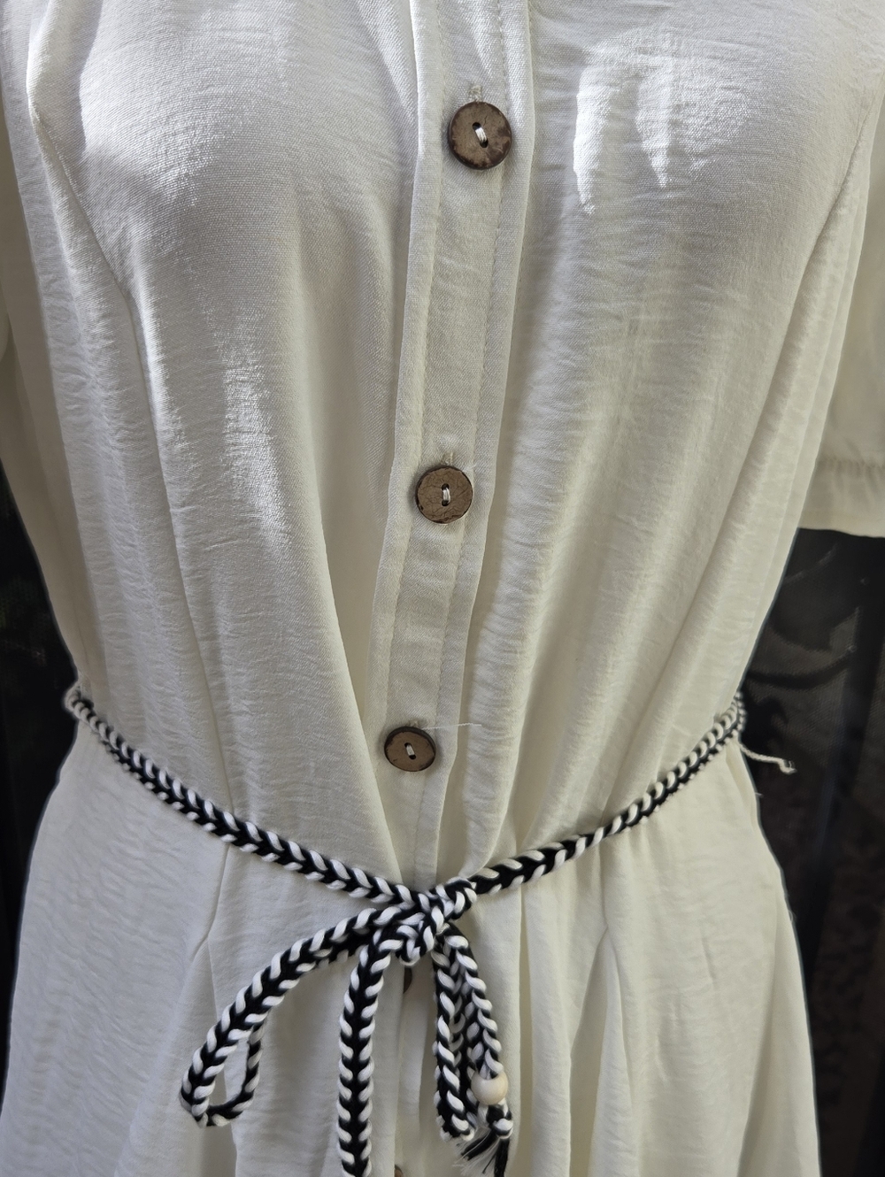 Hint Of Blush Women's Cream Button-Front Shirt Dress with Decorative Tie - Picture 4 of 10